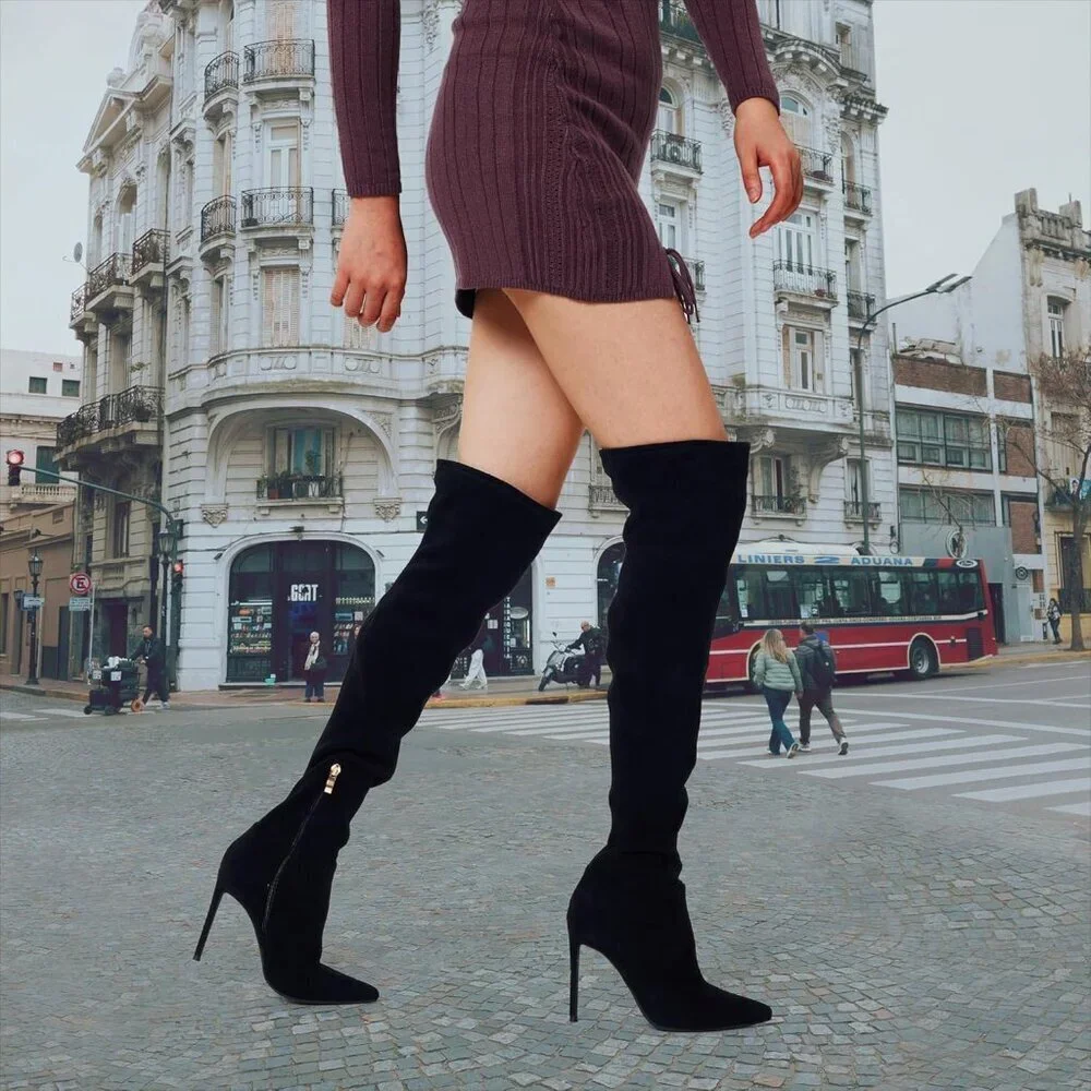 Women Black Faux Suede Over The Knee Thigh High Stiletto Heel Pointed Toe Boots